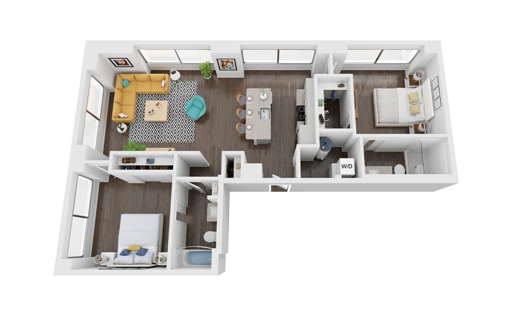 Pioneer - 2 bedroom floorplan layout with 2 bathrooms and 1017 square feet (3D)