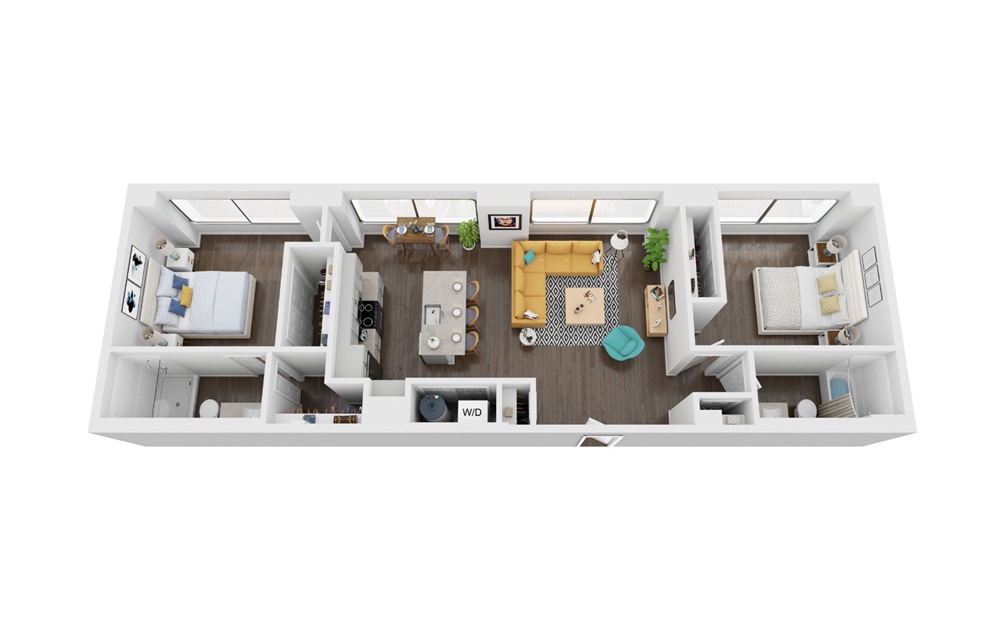 Voyager 2 - 2 bedroom floorplan layout with 2 bathrooms and 1014 - 1088 square feet (3D)